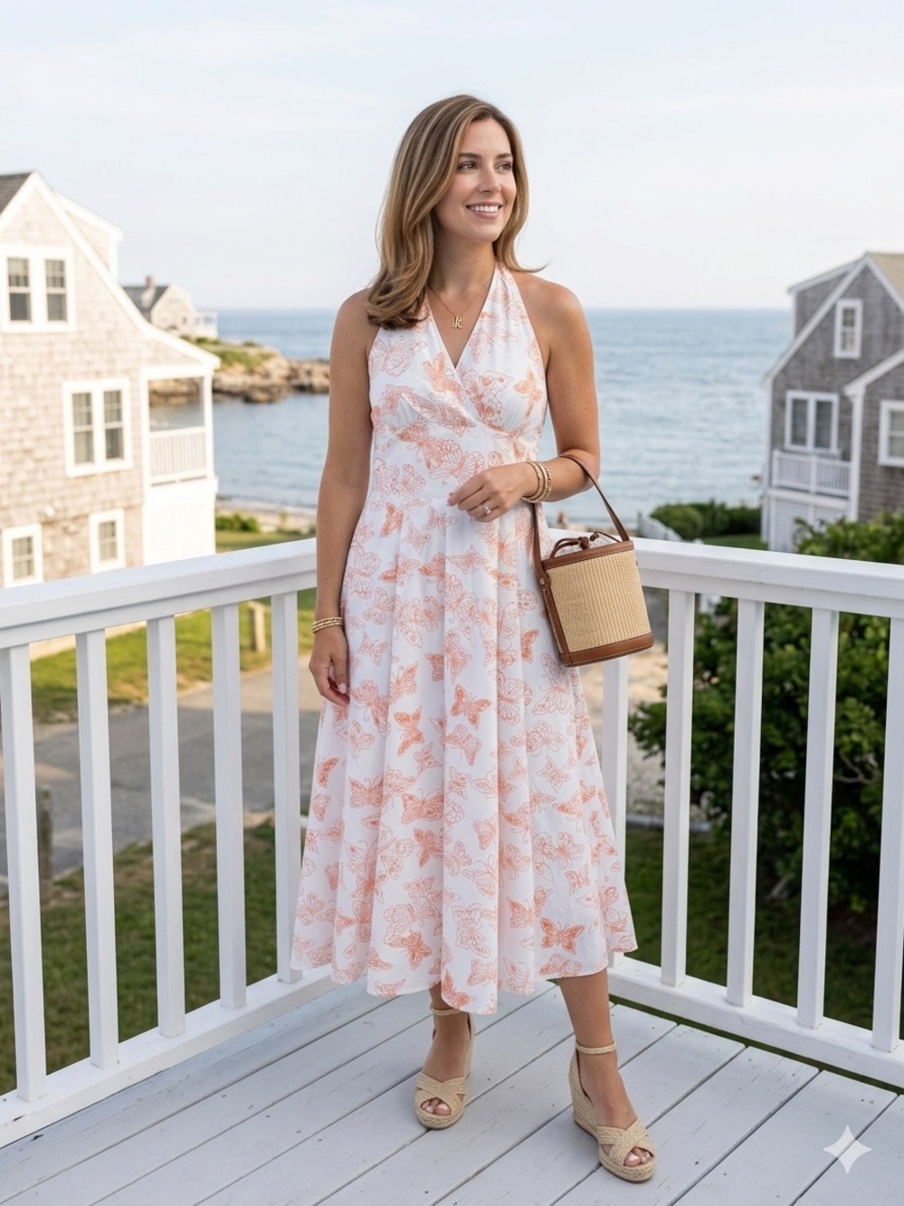 TOGETHER VTG Y2K Orange Butterfly Print Halter Midi Sun Dress White Romantic 6